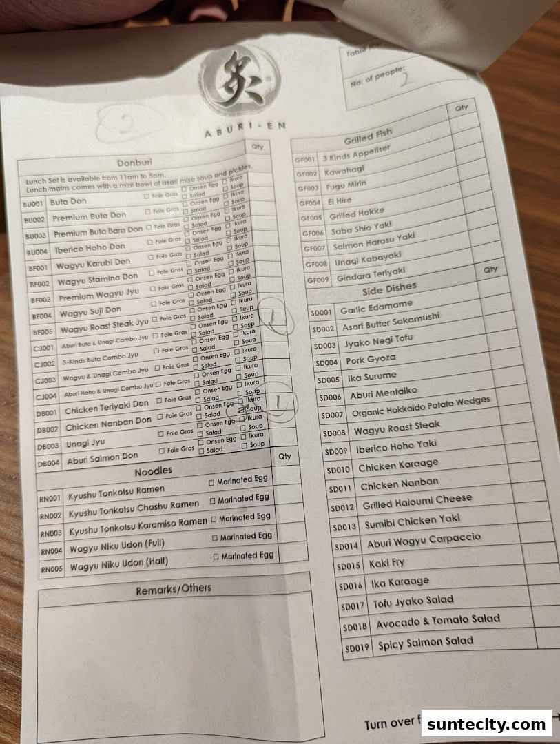 Menu page for Aburi-EN Suntec City