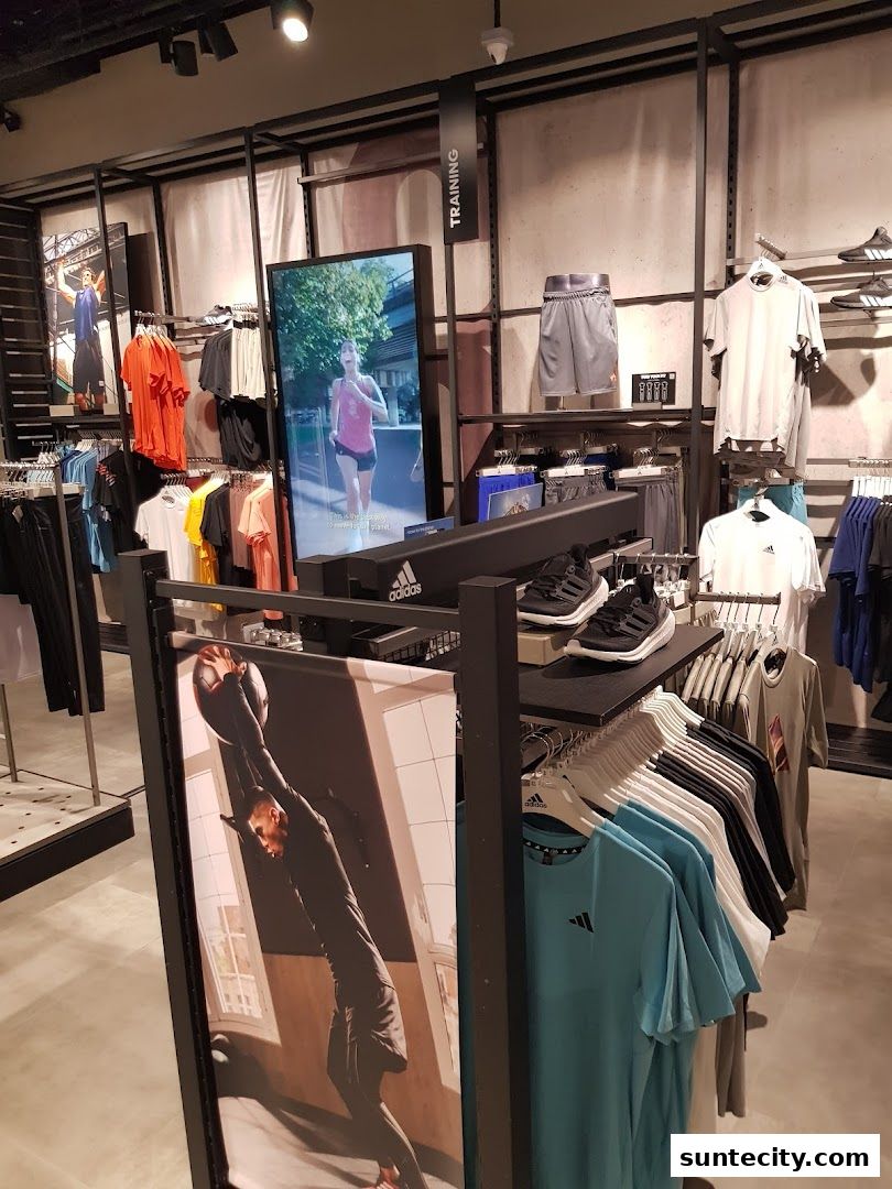 Interior view of an Adidas Performance Store showcasing athletic apparel and footwear.