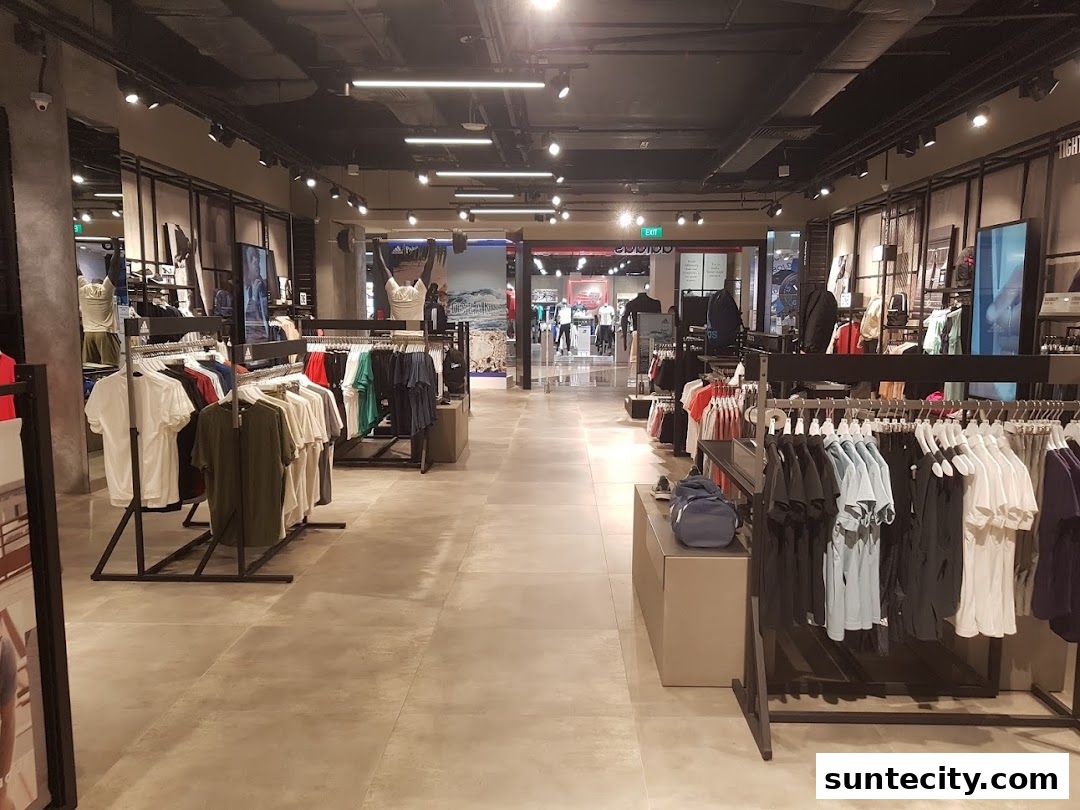 Interior view of an Adidas Performance Store showcasing racks of t-shirts and apparel.