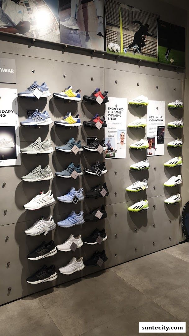 A wall display showcasing various Adidas running and soccer shoes in different colors and styles.