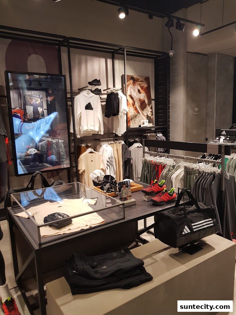 Interior view of an Adidas store showcasing apparel, footwear, and accessories.