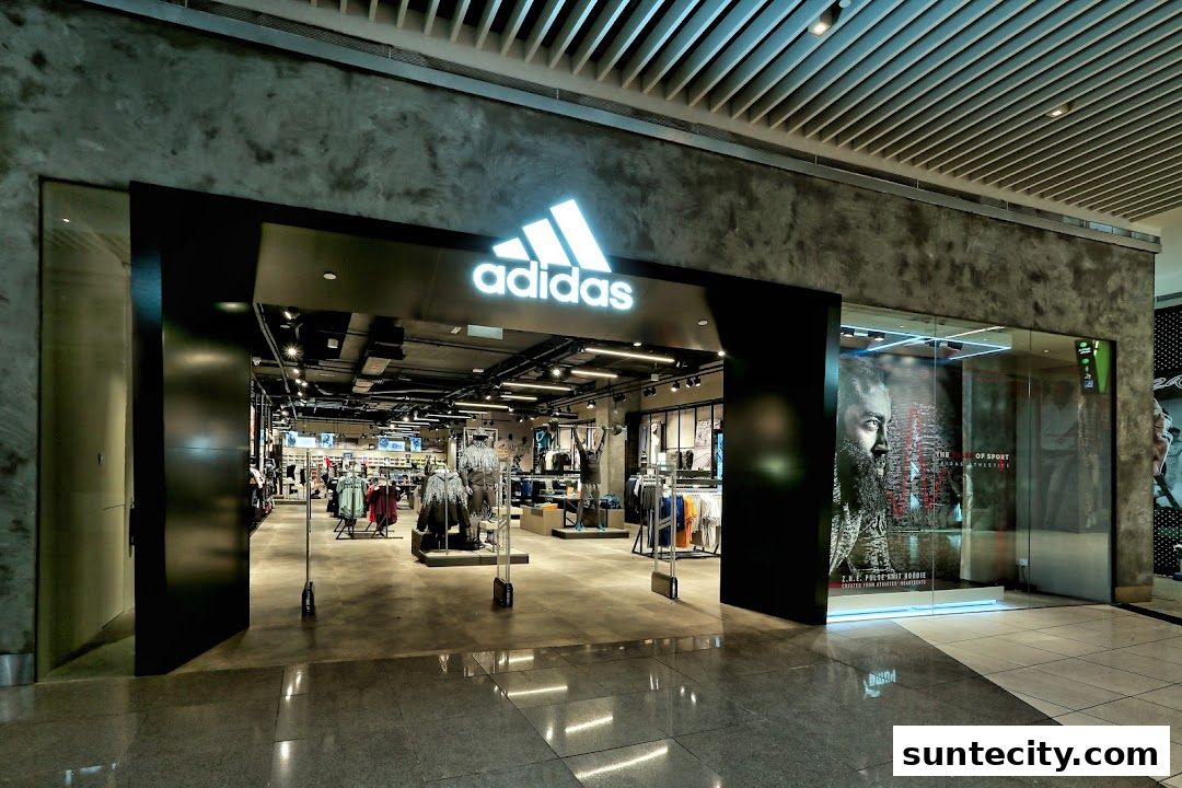 The entrance to an Adidas Performance Store, showcasing apparel and a large promotional poster.