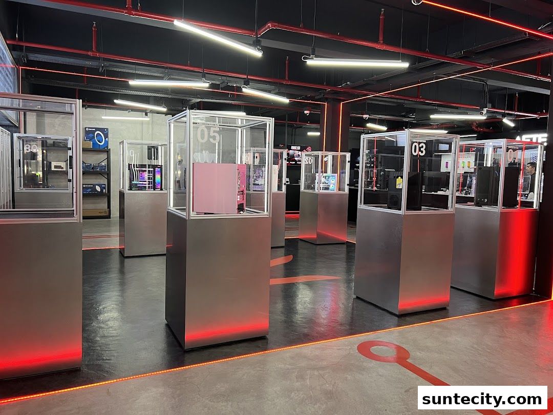 Interior view of a modern computer store showcasing custom-built PCs in display cases.