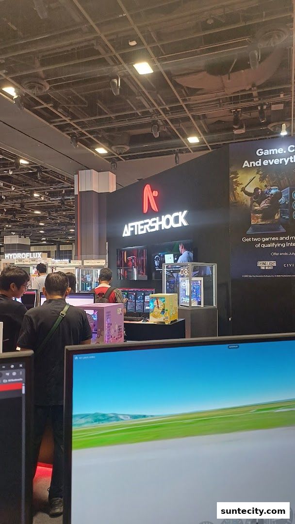 People gathered around a display booth for AFTERSHOCK PC, showcasing gaming computers and promotions.