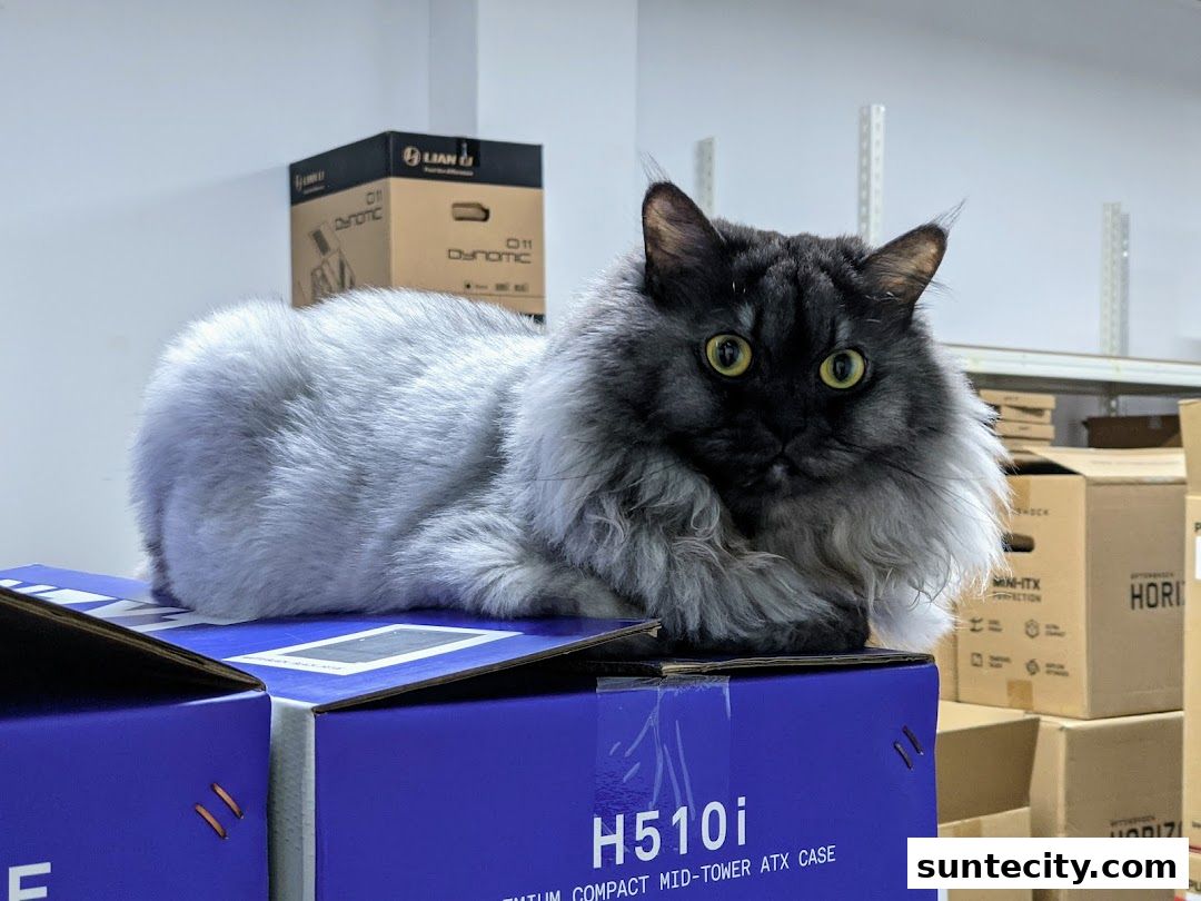 A fluffy cat sits on top of computer component boxes in a retail store.