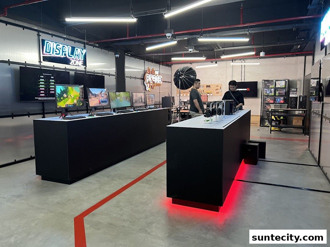 Interior of a modern computer store with display PCs and staff.