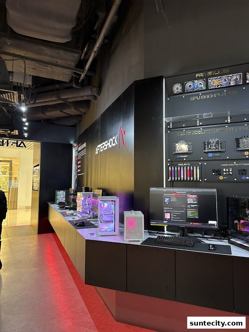 AFTERSHOCK PC store interior showcasing custom-built gaming PCs and computer components.