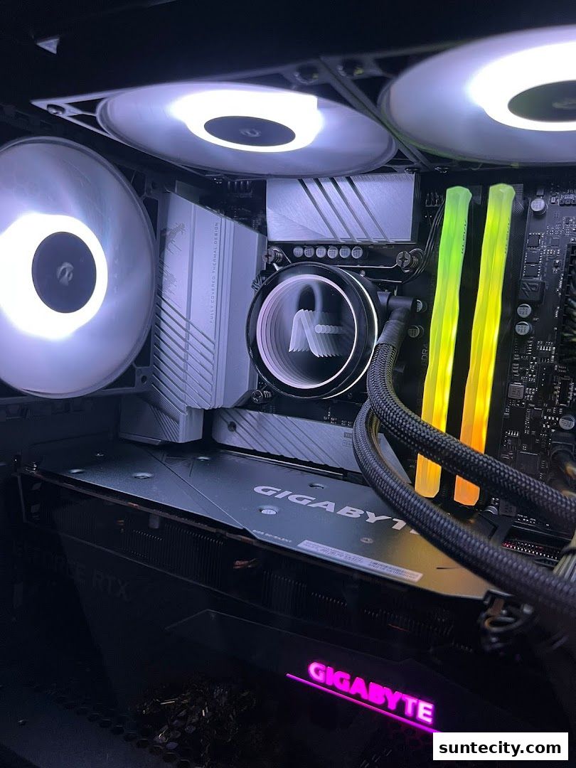 Close-up view of a high-performance PC build with RGB lighting.