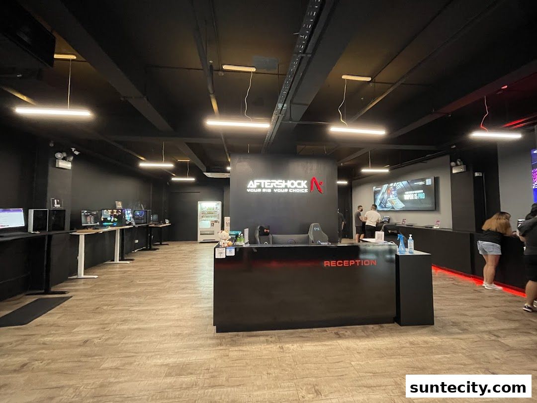 Interior of AFTERSHOCK PC shop with reception, gaming setups, and a large display screen.
