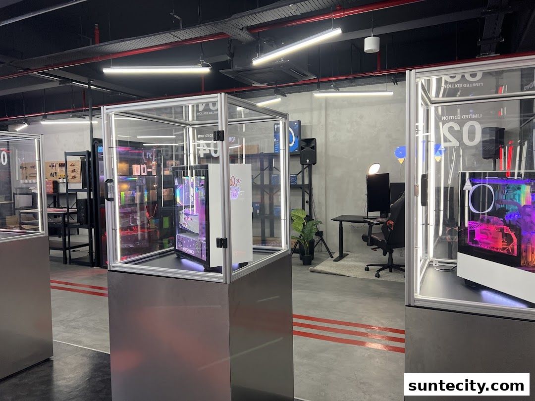 Interior of a modern computer shop showcasing custom-built PCs in display cases.