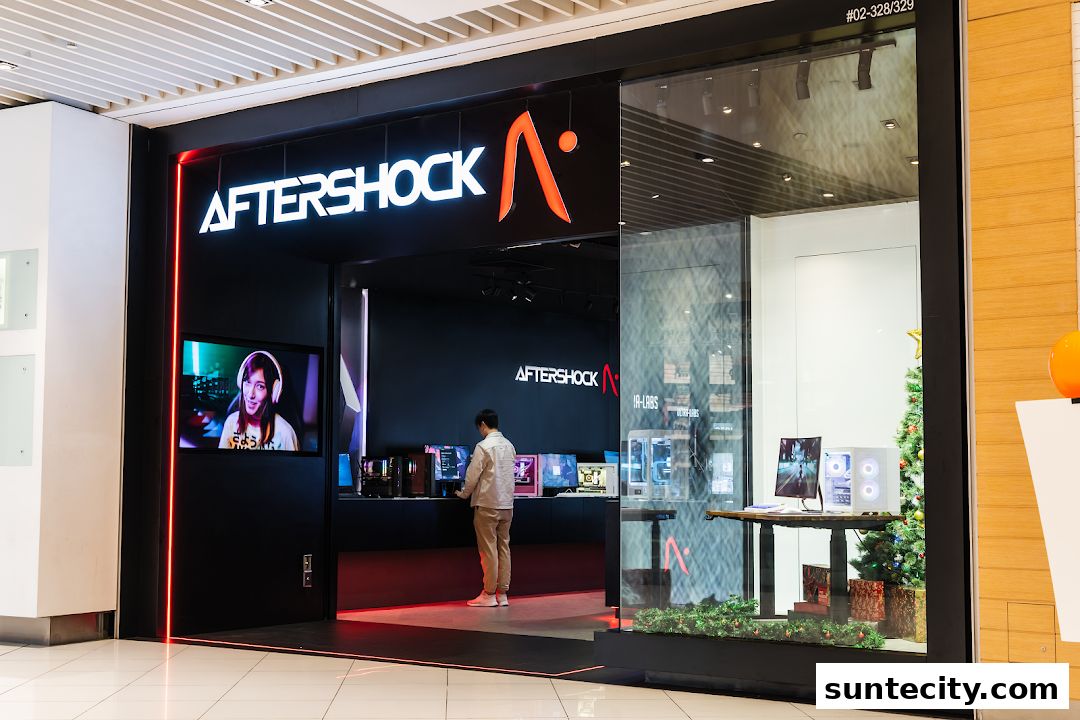The entrance of the AFTERSHOCK PC store, showcasing gaming computers and a festive Christmas tree.