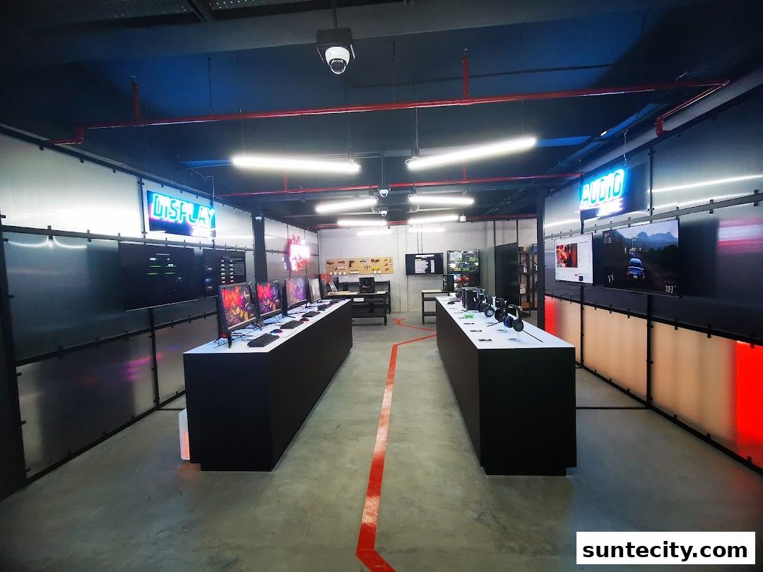 Interior of a modern electronics store with displays of computers and audio equipment.
