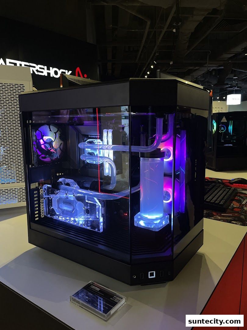 A custom-built PC with intricate water cooling and RGB lighting.