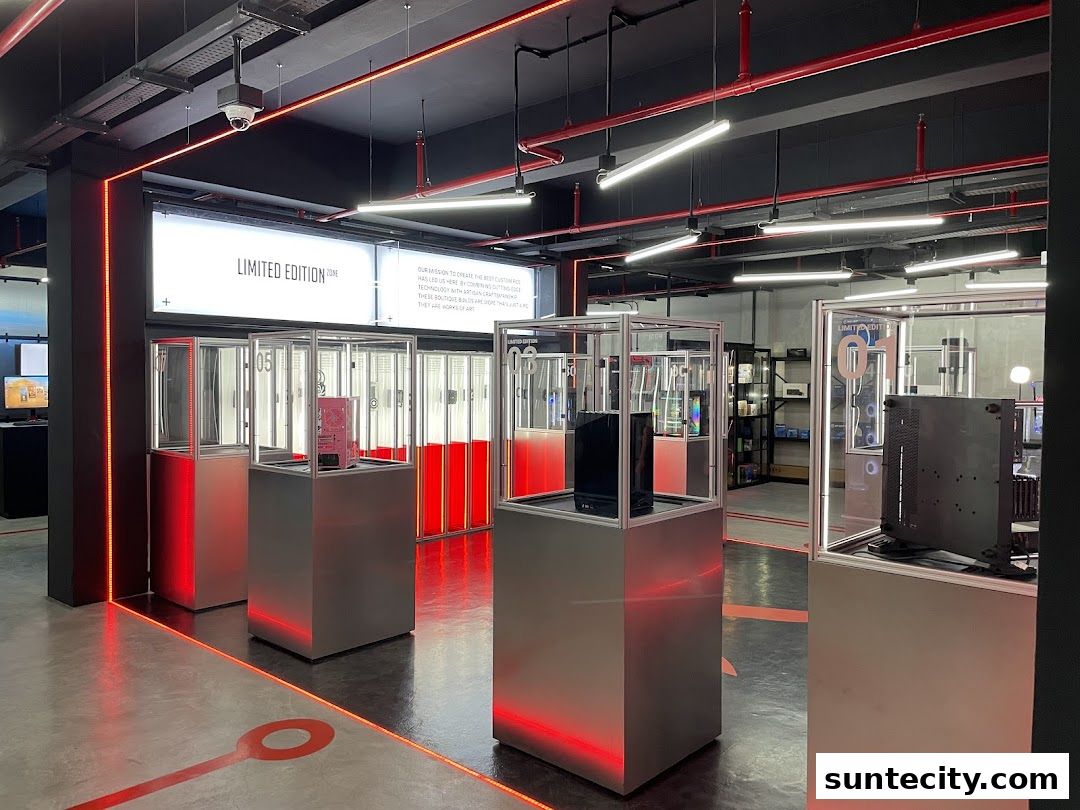 Interior of a modern computer shop showcasing custom-built PCs in display cases.