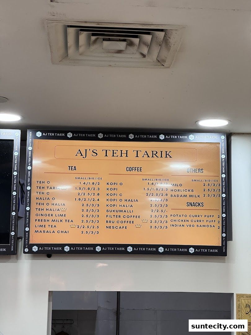 Menu page for AJs Teh Tarik