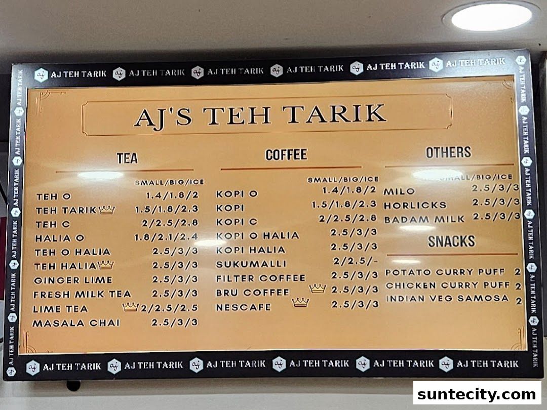 Menu page for AJs Teh Tarik