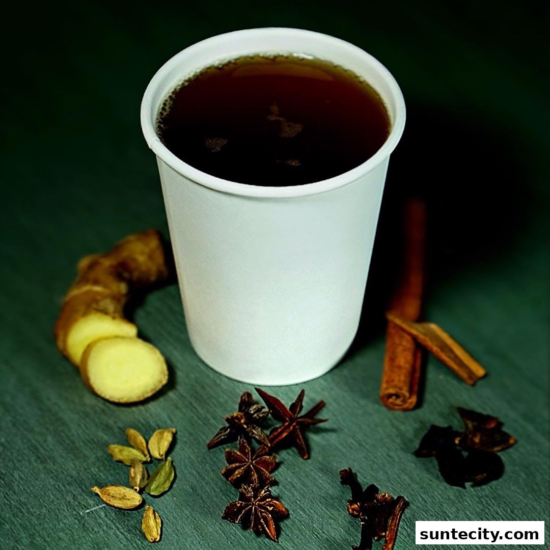 A cup of tea with ginger, star anise, cardamom, and cinnamon sticks.