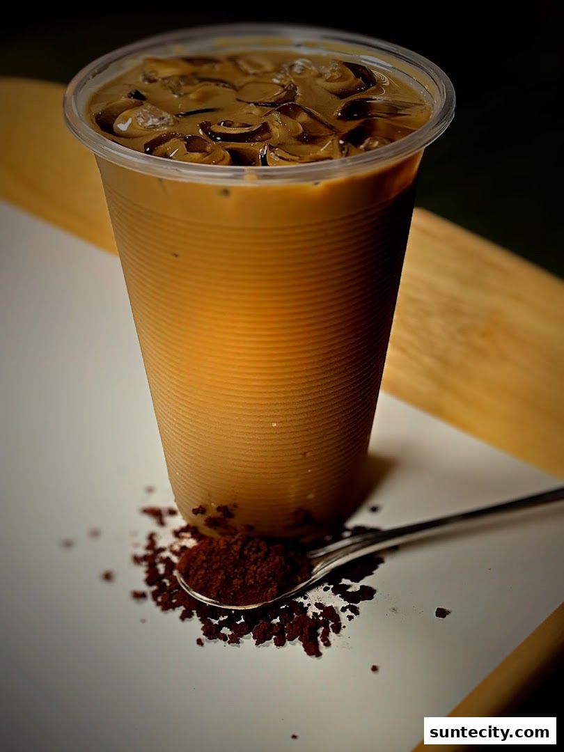 A close-up shot of an iced coffee drink with a spoon of coffee grounds.
