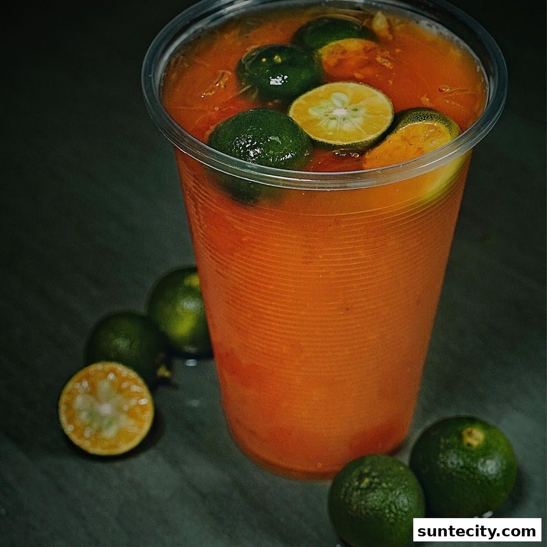 A refreshing orange drink with lime slices and whole limes in a plastic cup.
