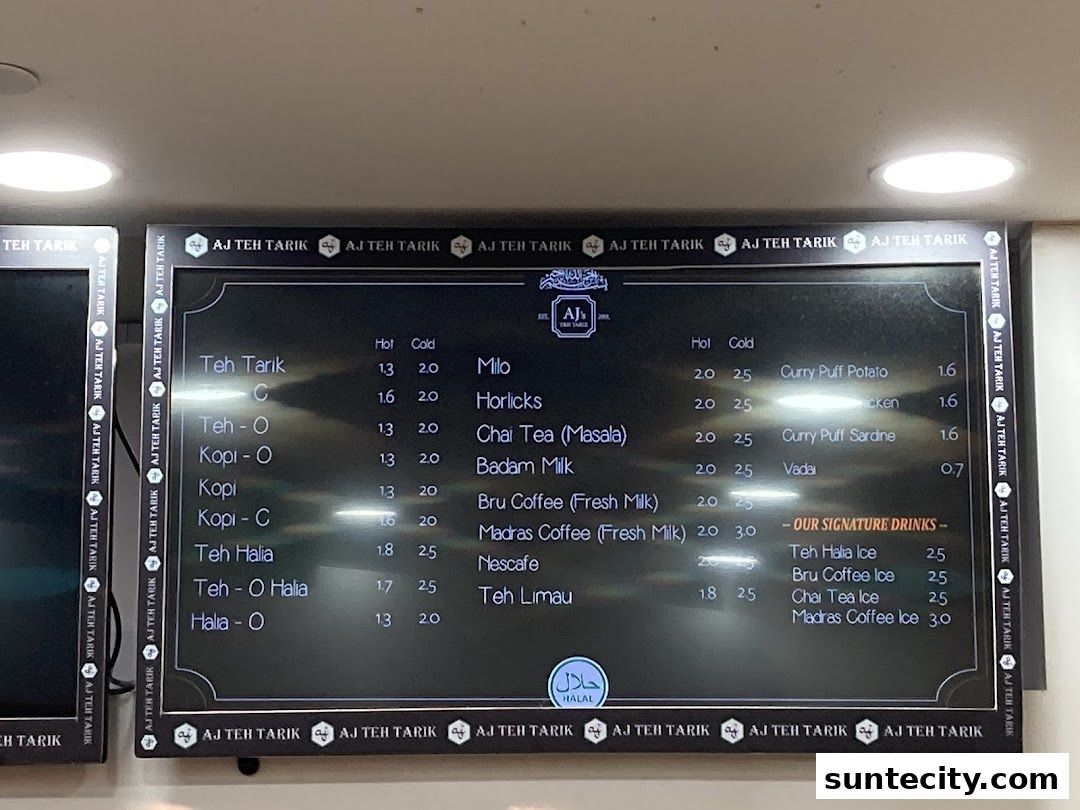 Menu page for AJs Teh Tarik