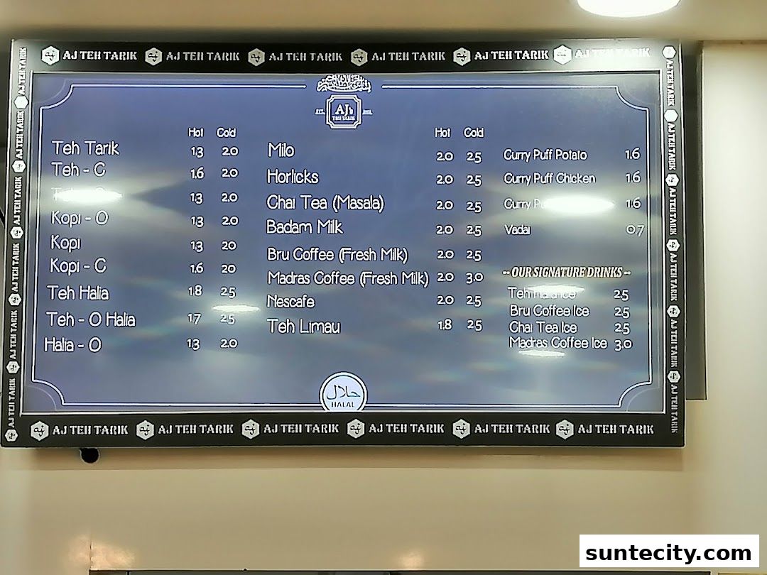 Menu page for AJs Teh Tarik