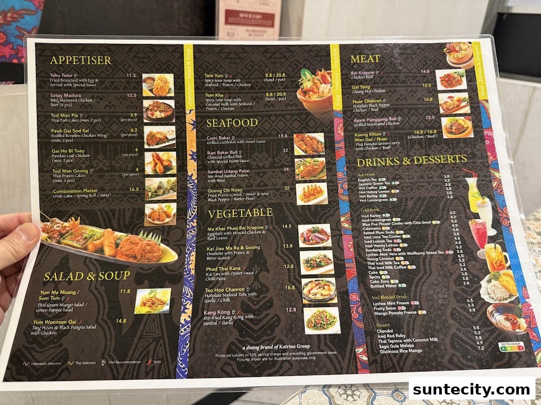 Menu page for Bali Thai Suntec City