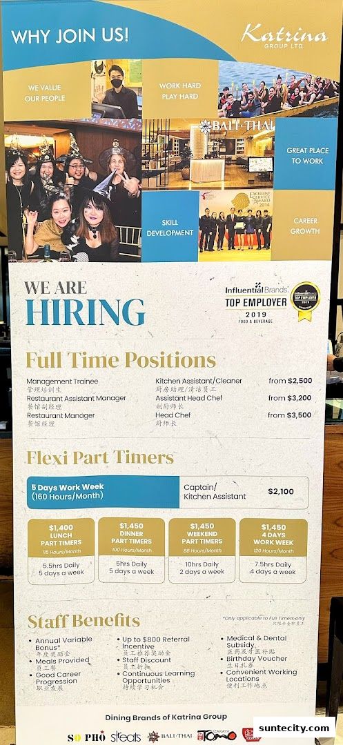 A recruitment poster for Bali Thai, showcasing job opportunities and staff benefits.