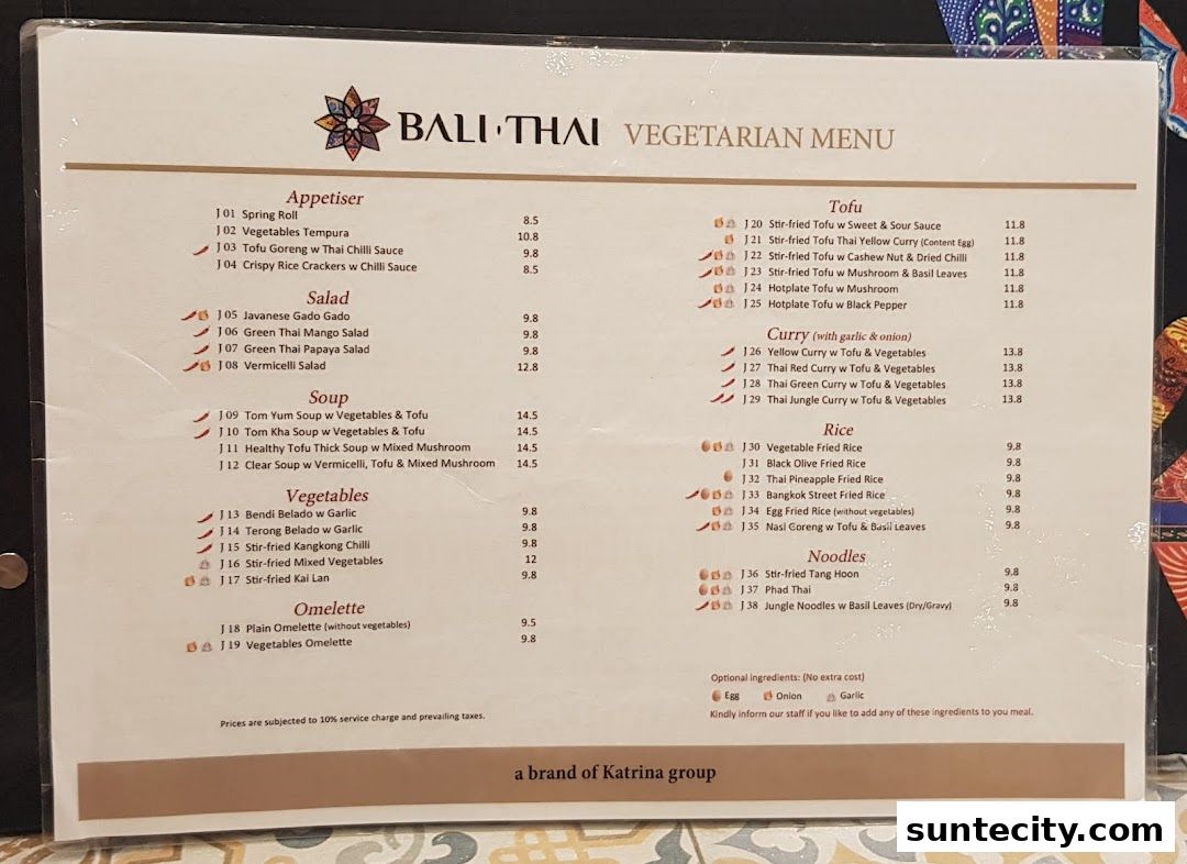 Menu page for Bali Thai Suntec City