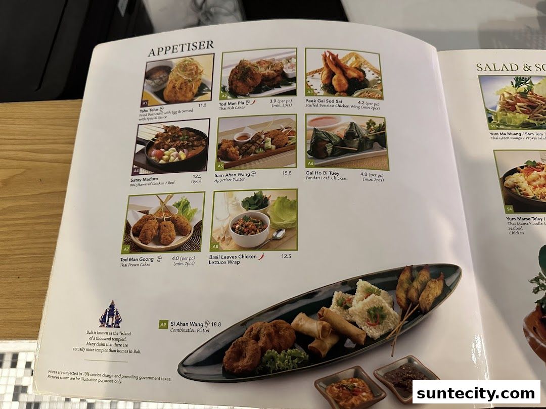 Menu page for Bali Thai Suntec City