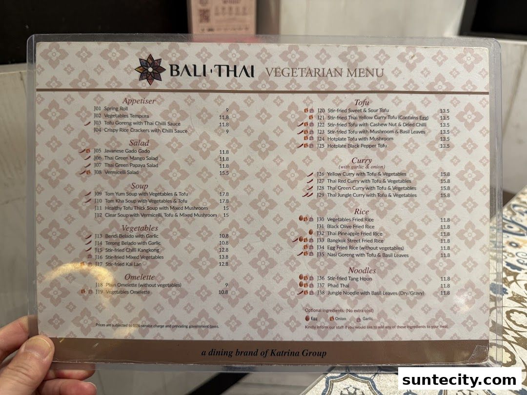 Menu page for Bali Thai Suntec City