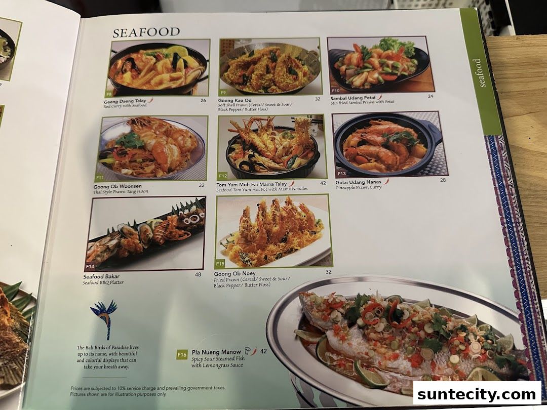 Menu page for Bali Thai Suntec City