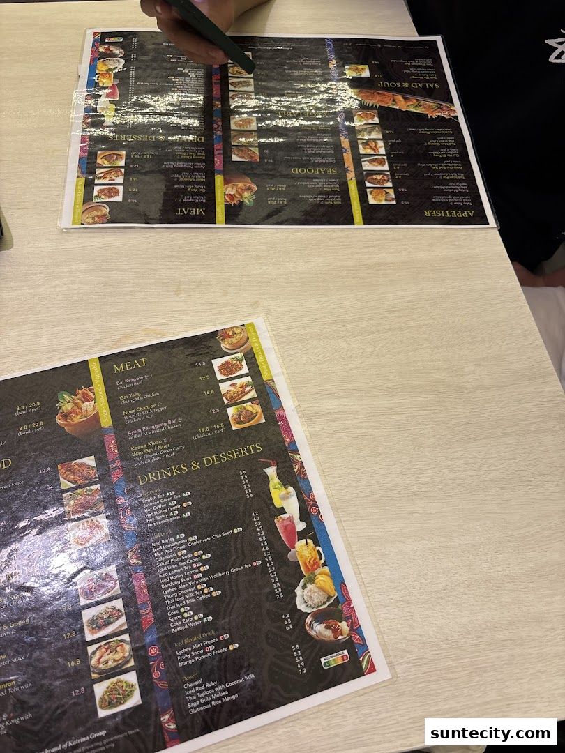 Menu page for Bali Thai Suntec City