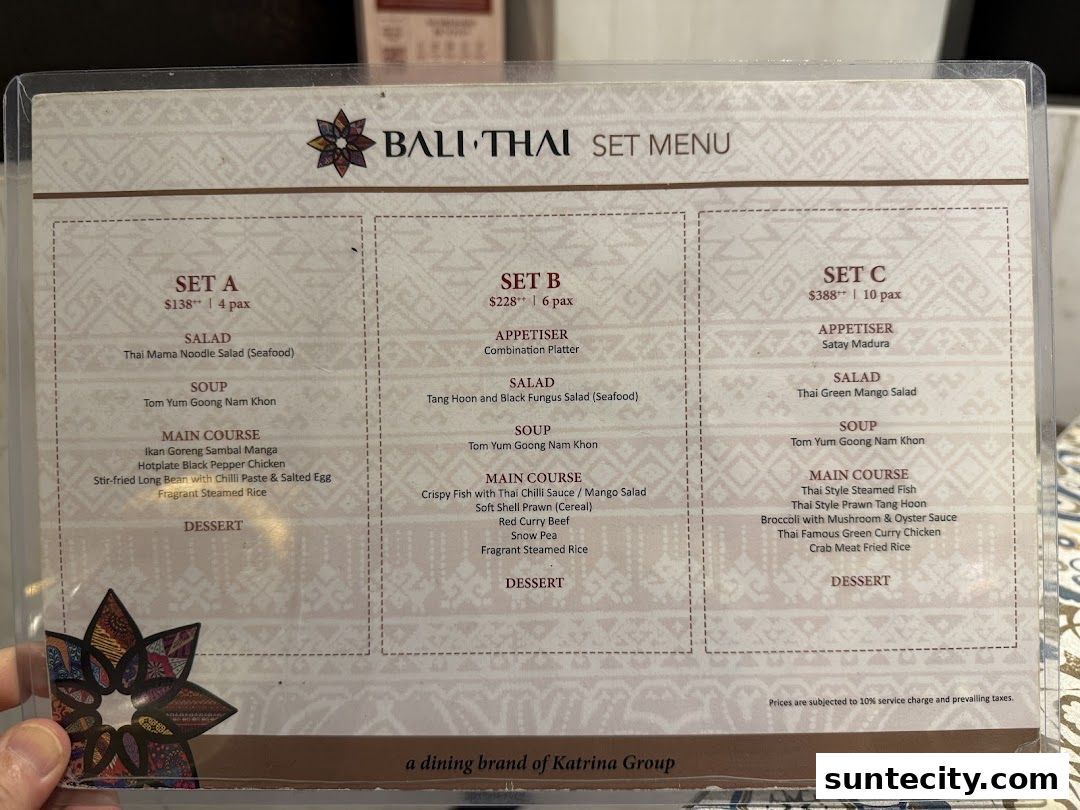 Menu page for Bali Thai Suntec City