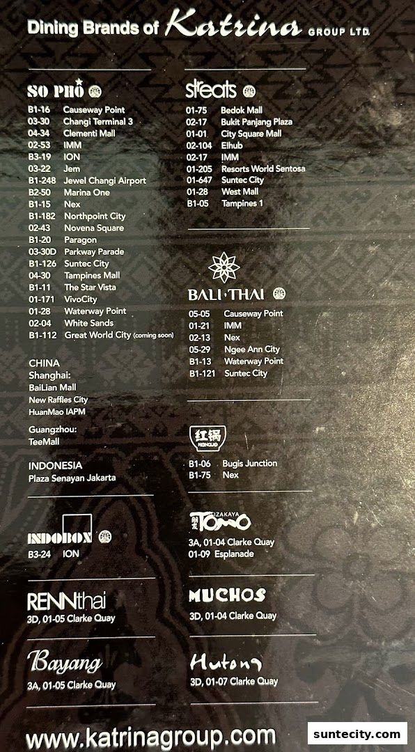 A list of dining brands and their locations under Katrina Group Ltd.