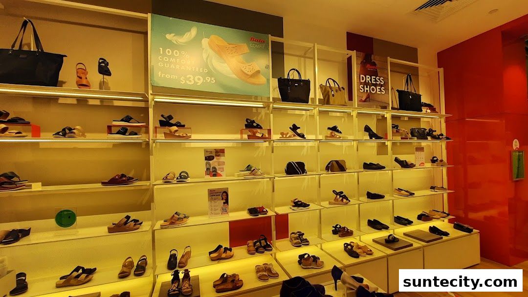 Interior view of a Bata shoe store showcasing a wide variety of footwear and handbags on display shelves.