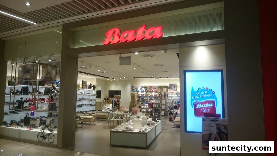 The Bata shoe store entrance, showcasing a wide variety of footwear and accessories on display.