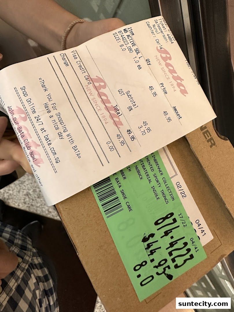 A Bata receipt and shoe care product with price information.