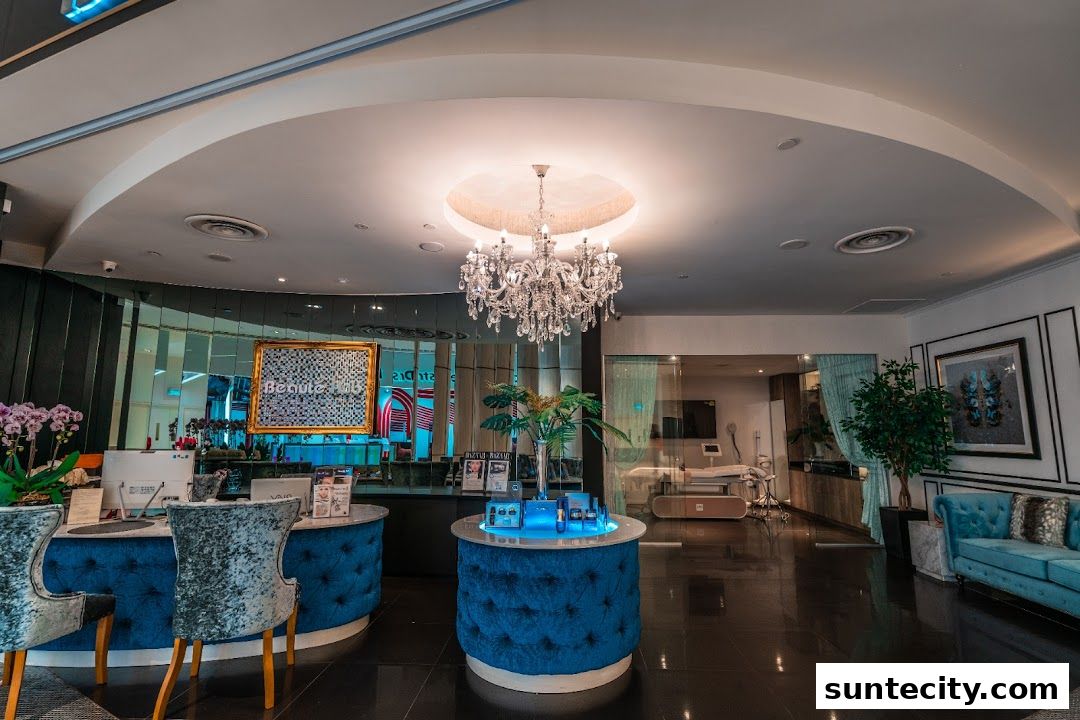 Luxurious reception area of Beauté Hub with plush seating and elegant decor.