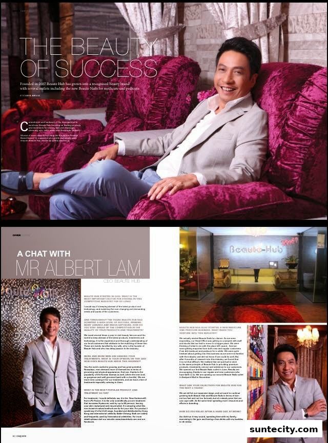 A magazine spread featuring Albert Lam, CEO of Beaute Hub, and an interior shot of the salon.