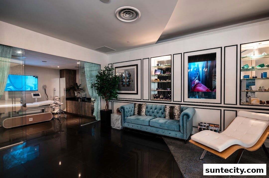 Interior of a modern beauty clinic with a treatment bed, lounge area, and display shelves.