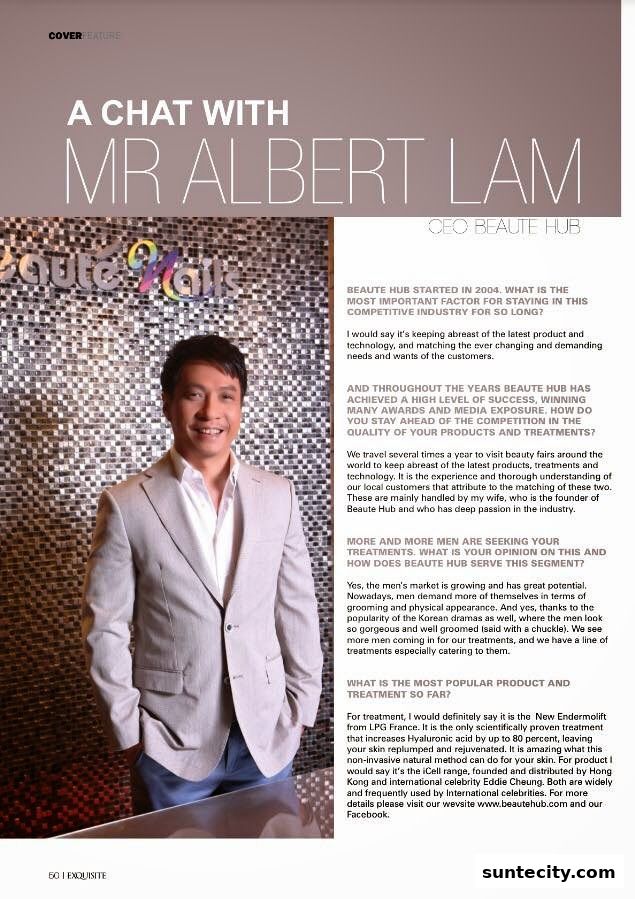 A man in a suit is featured in a magazine article about Beauté Hub.
