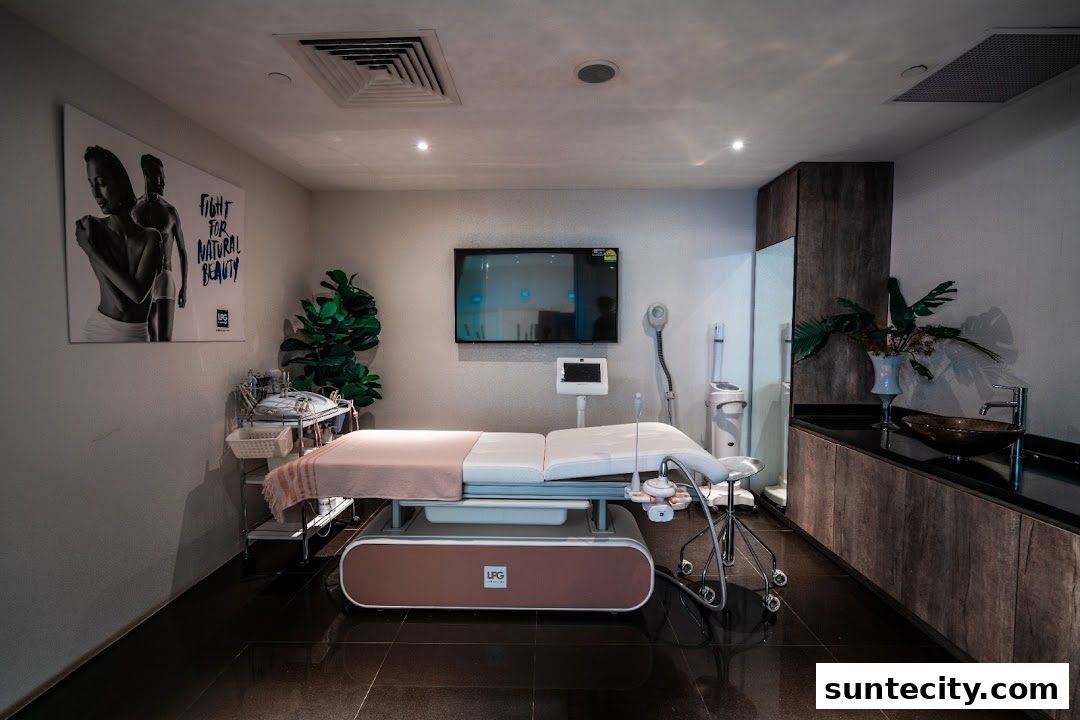 A treatment room with a massage bed, medical equipment, and a sink area.