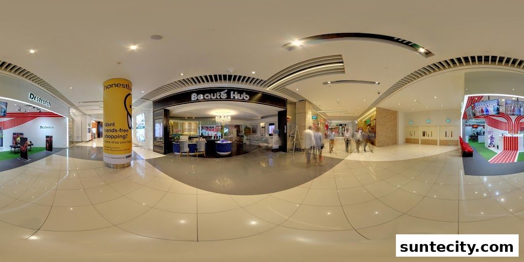 The entrance to Beauté Hub, a beauty store, in a shopping mall with other shops visible.