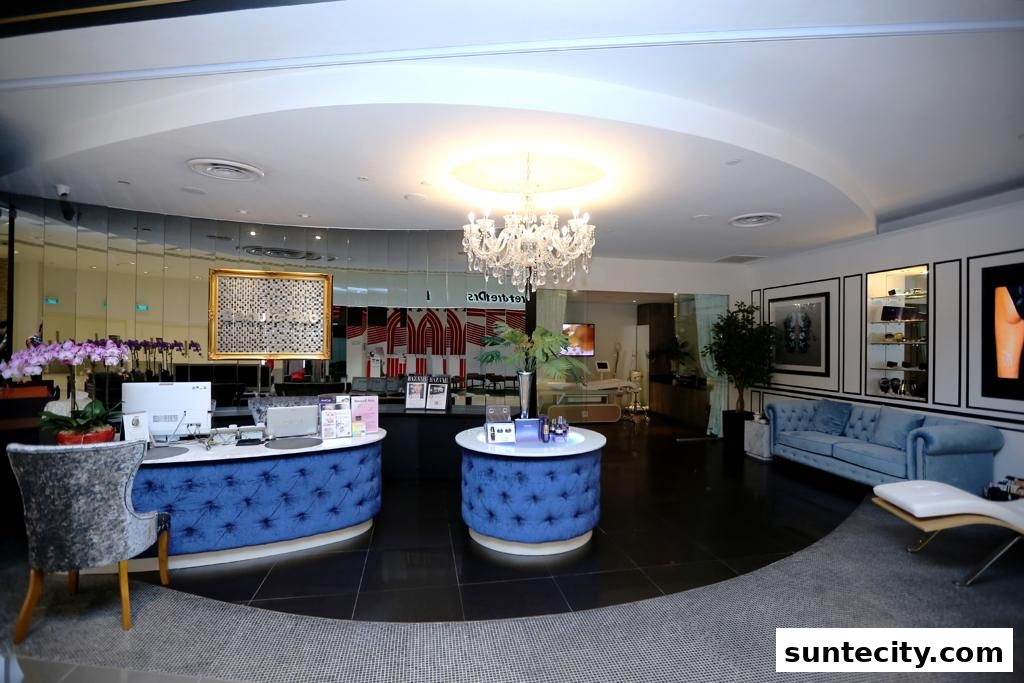 Interior of a luxurious beauty salon with plush seating and elegant decor.