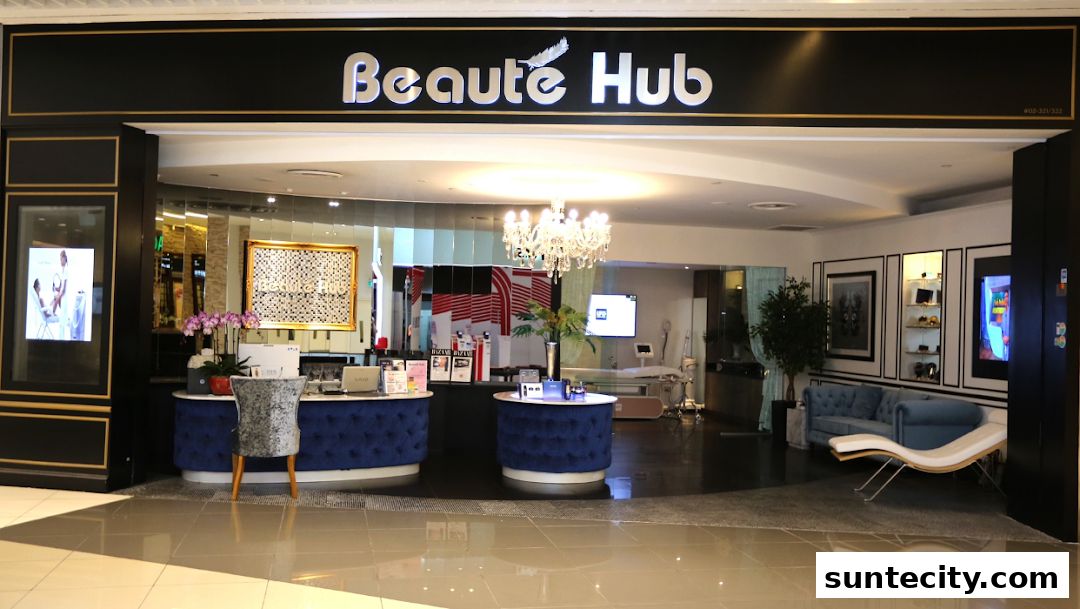 The entrance of Beauté Hub, a beauty salon, with a reception desk and seating area.