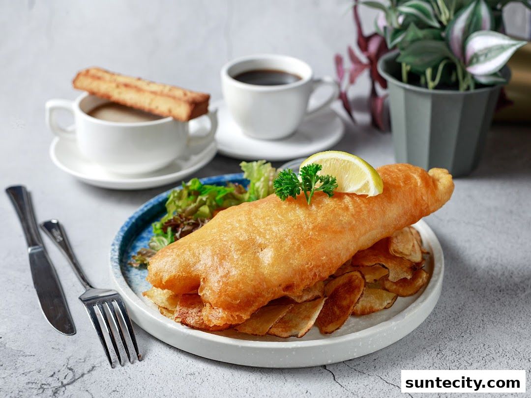 A golden-brown battered fish fillet served with crispy potato chips and a side salad, accompanied by coffee.