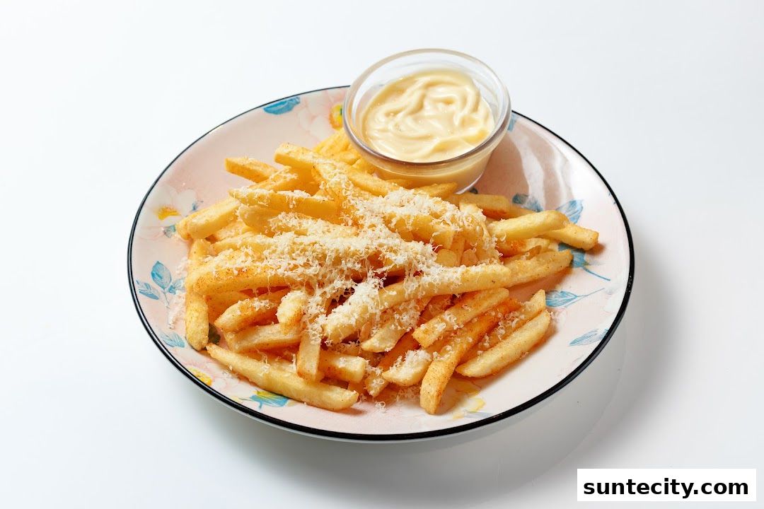 A plate of crispy french fries topped with grated cheese and a side of mayonnaise.