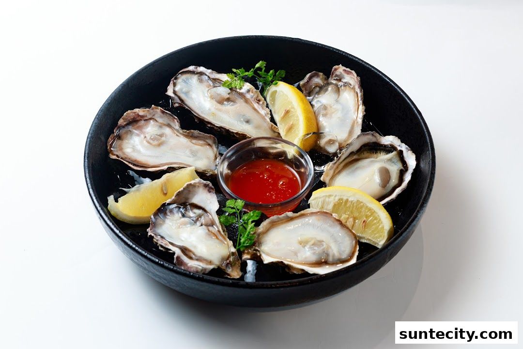A platter of fresh oysters served with lemon wedges and a dipping sauce.