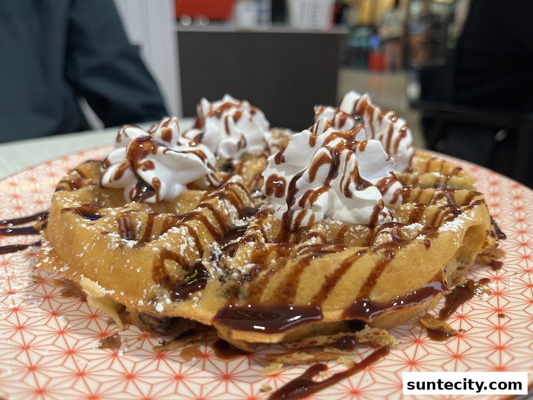 A close-up of a delicious waffle topped with whipped cream and chocolate sauce.