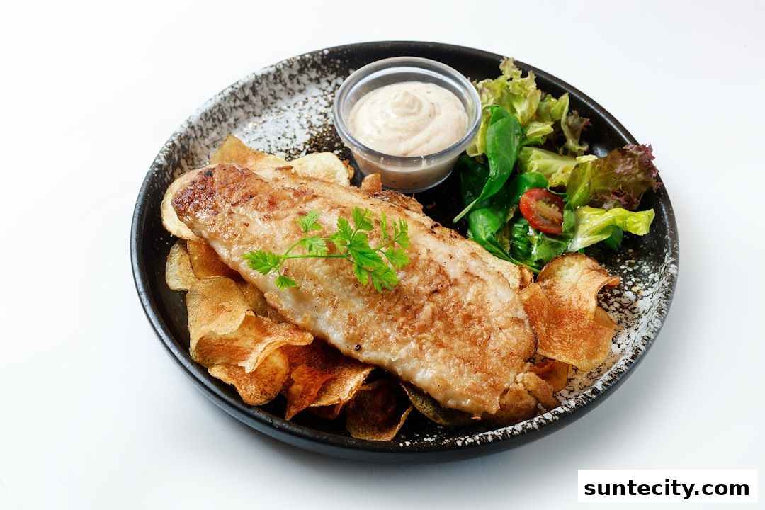 A delicious fillet of fish served with crispy potato chips and a fresh side salad.